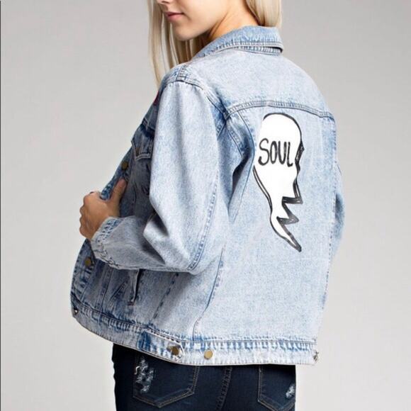 Honey Punch Soul Mates Denim Jacket Blue Patches Festival Concert Boho Size S - Picture 1 of 15